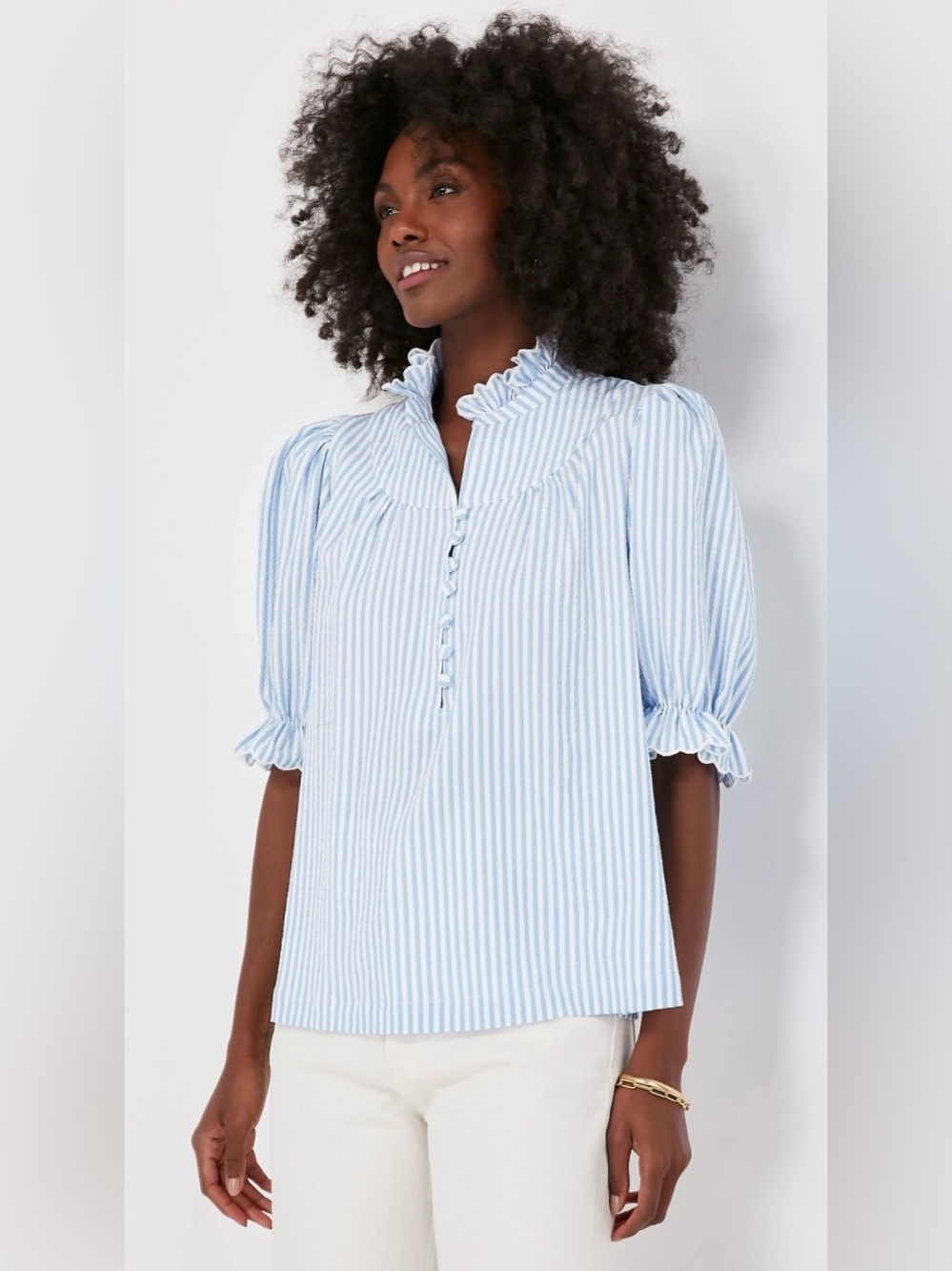 Pomander Place Light Blue & White Striped Ruffle-Neck Blouse